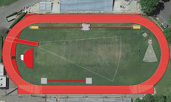 Hellas Design Team’s  2D rendering of a running track with jumping and throwing field event areas.